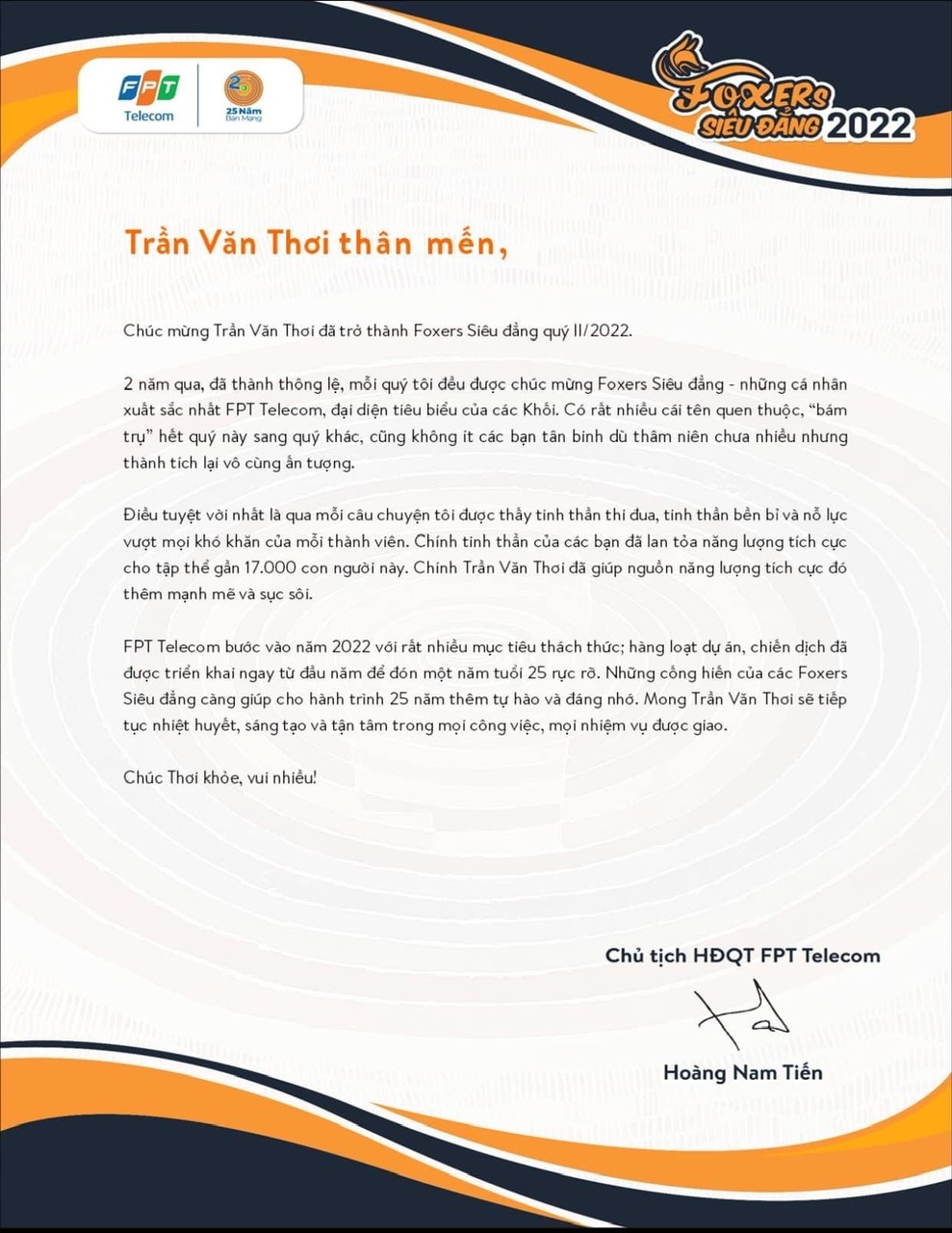 Trần Thơi CEO & Fouder Website Tongdaifpt.net.vn Thu chúc mừng Foxer siêu đẳng của Nguyên chủ Tịch Hoàng Nam Tiến